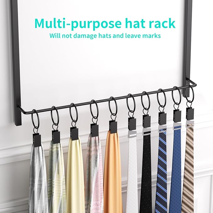 HapiRm Over Door Hat Rack - 3 Tier Wall Mounted Hat Organizer with 16 Hooks and 10 Movable Clips, Baseball Cap Organizer Storage Holds up to 26 Caps for Door, Bedroom, Closet USPTO Patented