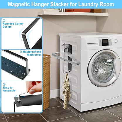 Hanger Organizer Magnetic Hanger Holder for Washing Machine Laundry Room Organization, Black Hanger Stacker Hanger Stand Rack Coat Hanger Organizer Stacker for Adult Kids Velvet Pants Hangers Storage