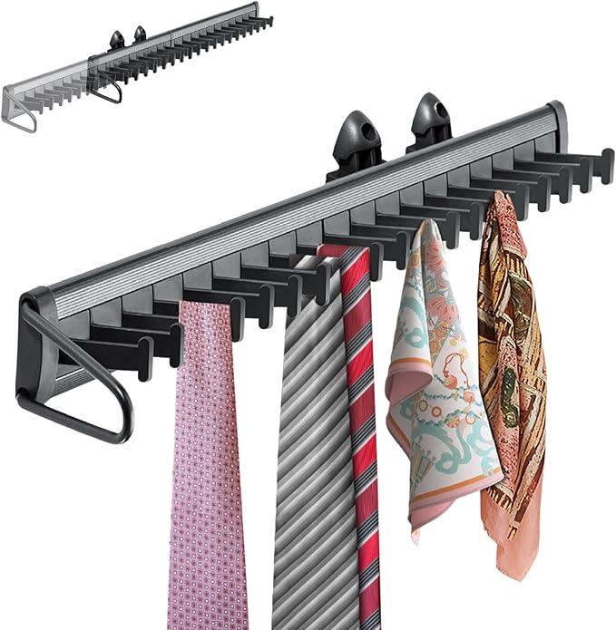 Sliding Tie Racks for Closet, 20 Tie Hanger Pull Out Tie and Belt Rack Storage Organizer with Slider, Aluminum Alloy Side Mount Closet Holder Hanger Rail with 20 Hooks for Scarves Ties Belts Shawls