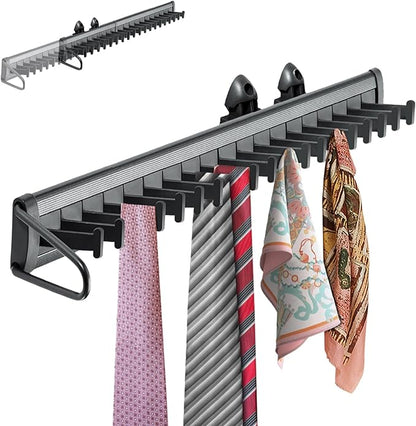 Sliding Tie Racks for Closet, 20 Tie Hanger Pull Out Tie and Belt Rack Storage Organizer with Slider, Aluminum Alloy Side Mount Closet Holder Hanger Rail with 20 Hooks for Scarves Ties Belts Shawls