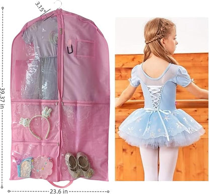 Dance Costume Garment Bag for Travel with Handles, 39 Inch Garment Bag for Dance Competitions, Kids Hanging Clothes Cover for Girls Closet Storage with 4 Zippered Pockets (Pink - 2 Pack)