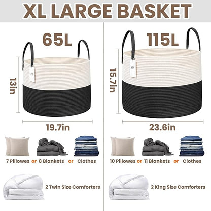 JMvicyroam 115L Extra Large Blanket Basket for Living Room - Woven Cotton Rope Laundry Hamper with Reinforced Handles - Storage Bin for Pillows, Comforters & Toys - Machine Washable,White&Black