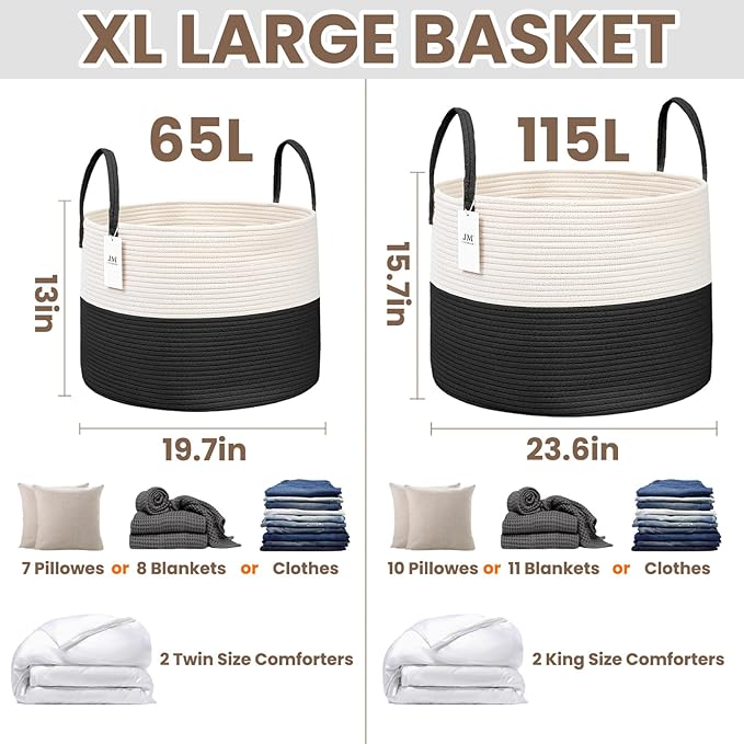 JMvicyroam 65L Extra Large Blanket Basket for Living Room - Woven Cotton Rope Laundry Hamper with Reinforced Handles - Storage Bin for Pillows, Comforters & Toys - Machine Washable,White&Black