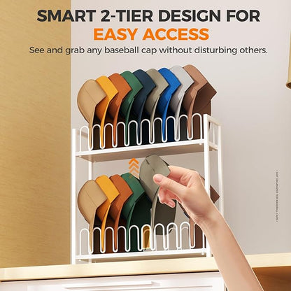 Cinati 2-Tier Hat Organizer for Baseball Caps, 18 Capacity Freestanding Baseball Cap Rack, Metal & Wood Hat Storage for Closet Entryway Bedroom, Black Cap Holder Stand, Gifts for Men Dad