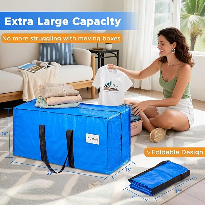 BETU 8 Pack Moving Bags Moving Storage College Dorm Camping Packing Travel PE Heavy Duty, Sturdy Handle, Zipper Large Storage Tote Bag Moving Boxes Box Alternative - Blue 29L x 14W x 13H