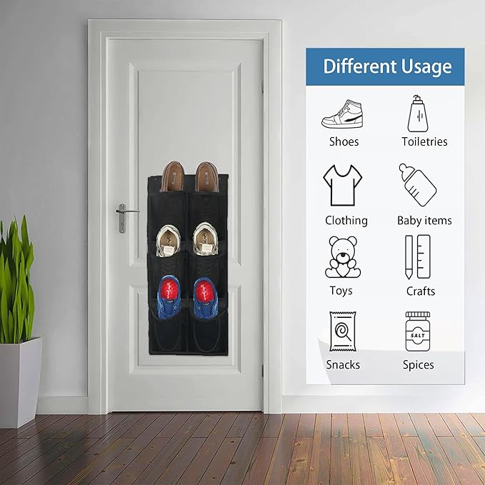2 pcs Over The Door Shoe Organizer,Hanging Mesh Organizer,Shoe Rack,Door Shoe Organizer,With Sticky Hanging Mounts,6 Large Breathable Mesh Pockets,For Bathroom,Rv,Pantry (black)