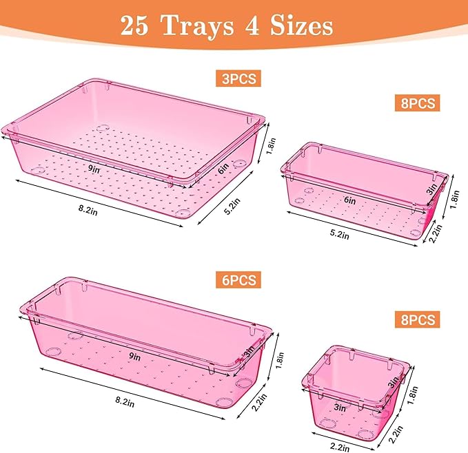 SpaceHacks 25 PCS Plastic Drawer Organizer Set, 4-Size Versatile Organizer Trays & Storage Bins for Makeup, Jewelry, and Gadgets in Bathroom, Bedroom and Office, Clear Pink