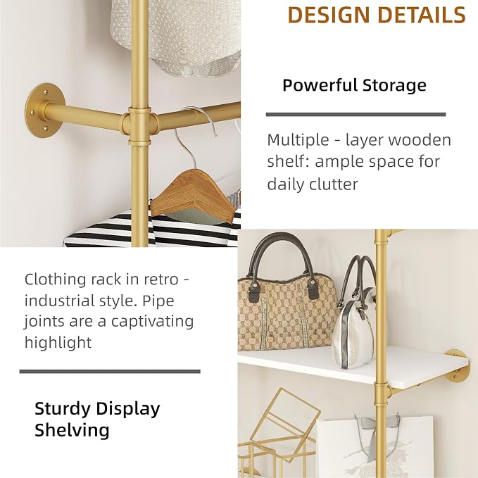 Industrial Pipe Clothing Rack, Heavy Duty Adjustable Garment Hanger with Shelves, 2 Installation Methods Closet Storage System for Wardrobe Organization (Gold, 80" H x 55" W)
