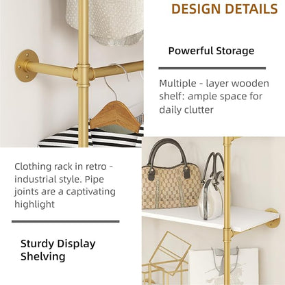 Industrial Pipe Clothing Rack, Heavy Duty Adjustable Garment Hanger with Shelves, 2 Installation Methods Closet Storage System for Wardrobe Organization (Gold, 80" H x 55" W)