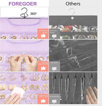 FOREGOER Hanging Jewelry Organizer with 88 Zippered Pockets, Dustproof Foldable for Travel, Accessories Organizer for Holding Jewelries Earring Organizers and Storage (Purple)
