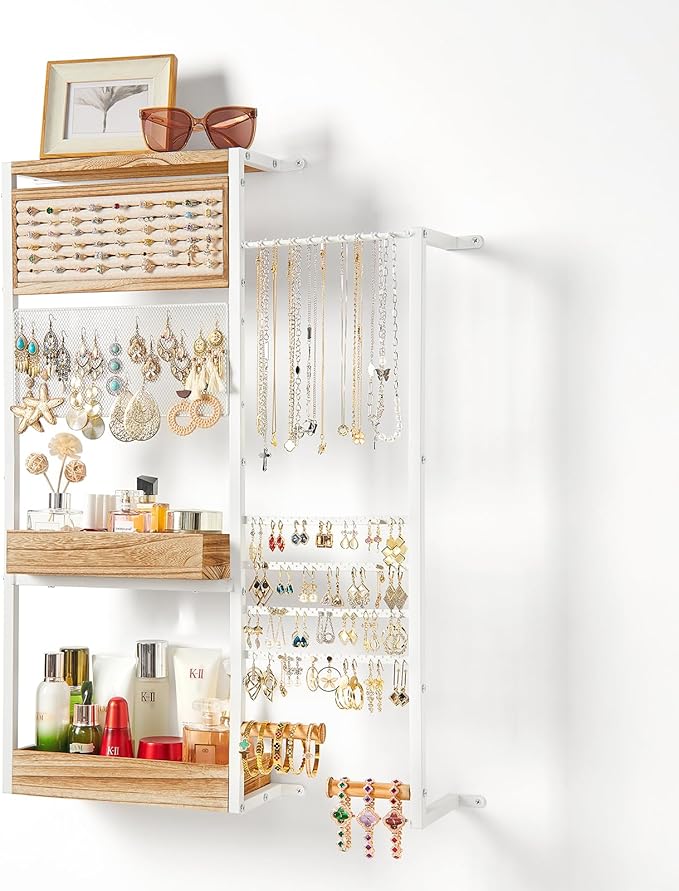 Pinzoveco Hanging Jewelry Organizer Wall Mounted, Large Hanging Jewelry Organizer Holder for Necklaces,Bracelest,Earrings,Rings,Watched,Makeup & Perfume (White)