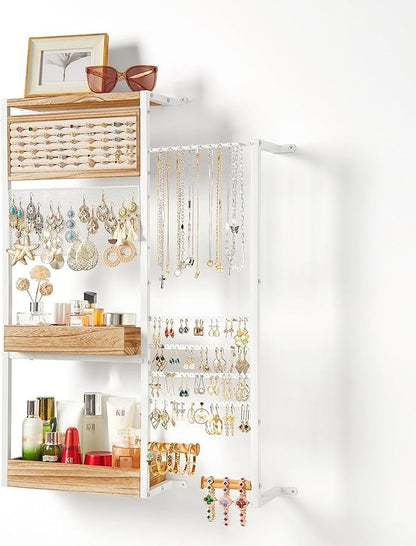 Pinzoveco Hanging Jewelry Organizer Wall Mounted, Large Hanging Jewelry Organizer Holder for Necklaces,Bracelest,Earrings,Rings,Watched,Makeup & Perfume (White)