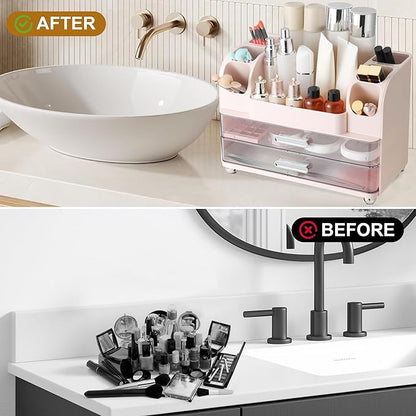 Large Makeup Organizer Countertop with Drawers, Make Up Organizer for Vanity, Makeup Storage Organizer Countertop Makeup Organizers for Skincare, Pink
