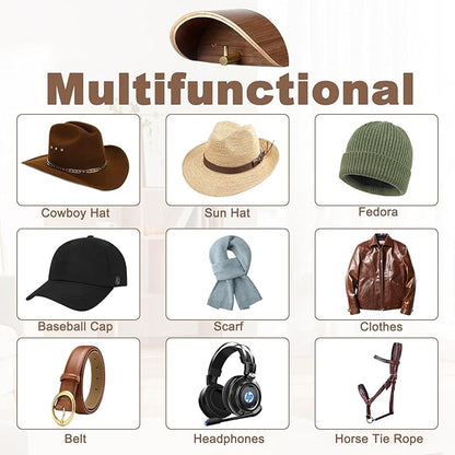2-Pack Cowboy Hat Rack for Wall, Walnut Wood Cowboy Hat Holder & Hat Hooks for Wall, Non-Damaging Shape-Preserving Design for Wide Brim Hats, Compatible with Various Wall Surfaces
