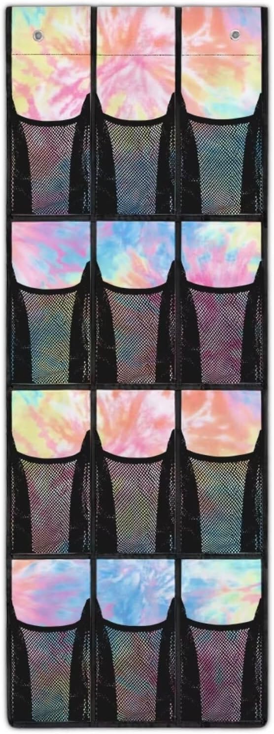 12-Pocket Behind The Door Storage Organizer, Oxford Material Waterproof Foldable and Designed for Bathroom Pantry or Bedroom Use, Coloured Tie Dye