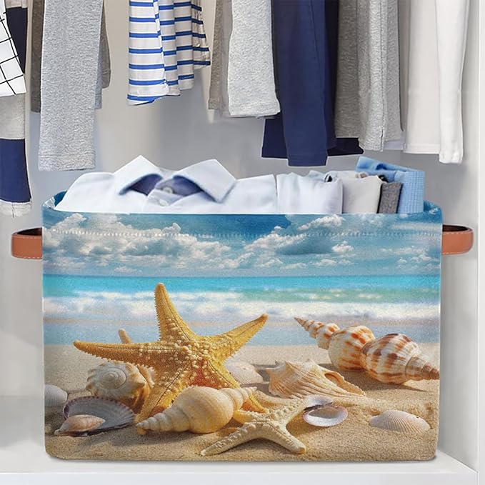 AUUXVA Storage Basket Sea Ocean Beach Starfish Shell Storage Cube Box Durable Canvas Collapsible Toy Basket Organizer Bin with Handles for Shelf Closet Bedroom Home Office