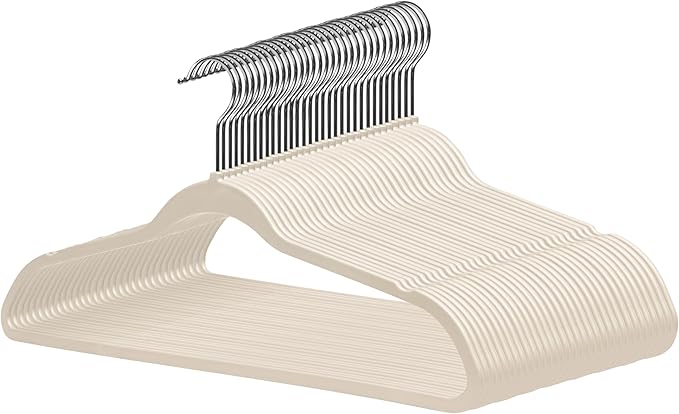 Quality Hangers 50 Pack Slim Plastic Hangers for Clothes - 16.5" Won't Crease Your Clothes, Heavy Duty Non-Velvet Ivory/Beige Hangers 360° Swivel Chrome Hook Non Slip Notches Dresses Coats Shirts