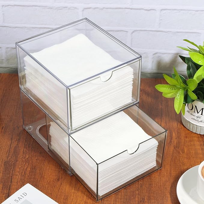 Rainmae 2 Pack Disposable Face Towel Holder, Face Towel Storage Box, Stackable Clear Makeup Organizer with Drawer for Clean Skin Club Face XL Towels Holder for Vanity Bathroom and Makeup Organization