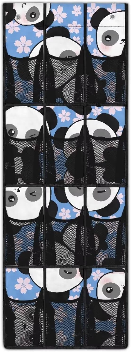 Flower Panda Over The Door Organizer with 12 Mesh Pockets, Cute Animal Print Hanging Storage Bag for Nursery & Kids Room, Durable Fabric for Toys & Diapers