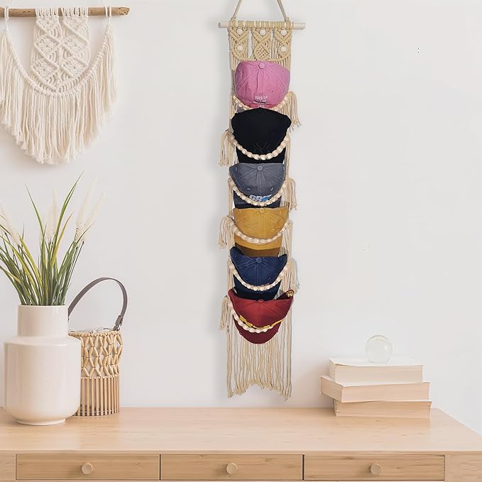 Halidali Hat Organizer for Baseball Caps, Hat Racks Cotton Rope Weaving Cap Stand, Handmade Macrame Hanging Hat Display Holder for Door Storage, Closet, Bedroom (Linen, Set of 2)