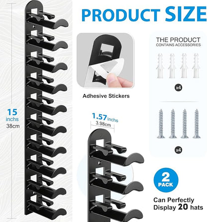 4 Pack Hat Organizer for Baseball Caps, Hat Rack for Wall Hold Up to 40 Hats, Hat Holder with Strong Adhesive and Screws,Cap Organizer Hat Hanger Display for Door Closet Bedroom(4pcs,B-Black)