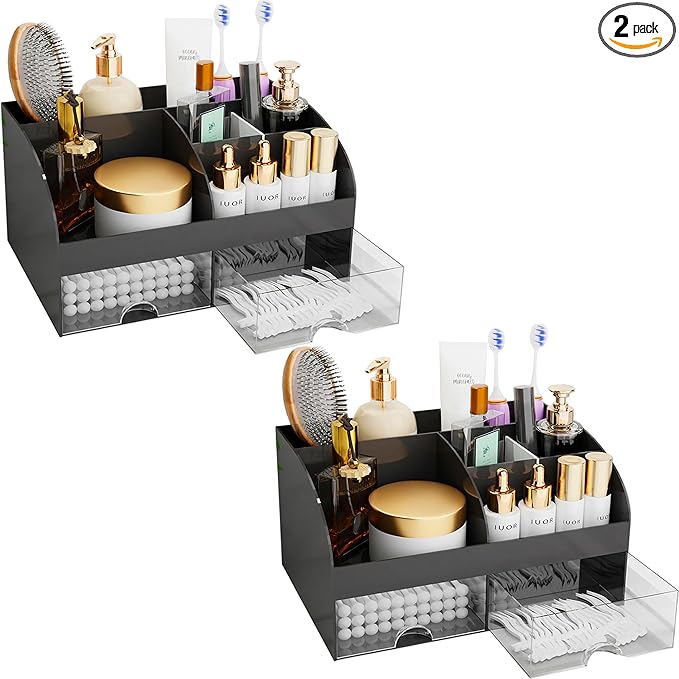 Makeup Organizer with Drawers, Cosmetic Storage for Dresser Vanity and Bathroom Countertop, Beauty Holder for Lipstick Brush, Skincare Organizer for Vanity, Cosmetic Display Case (Black-2Pack)