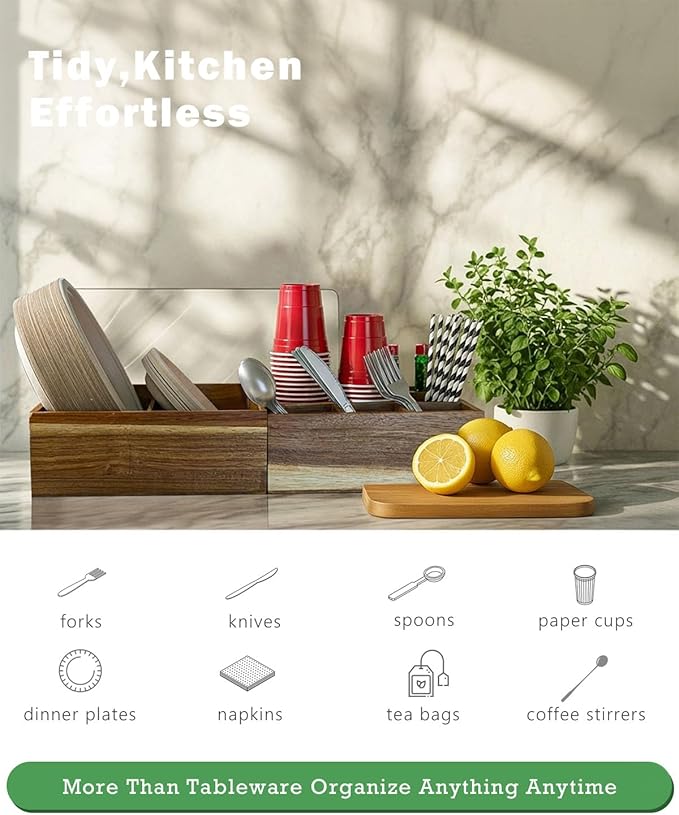 Acacia Wood Utensil Holder for Party (Set of 2) - 11" x 9.5" Utensil Caddy for Parties & Silverware Caddy for Countertop - Holds Plates, Napkins, Cups, Spoons, Forks - Kitchen Accessories