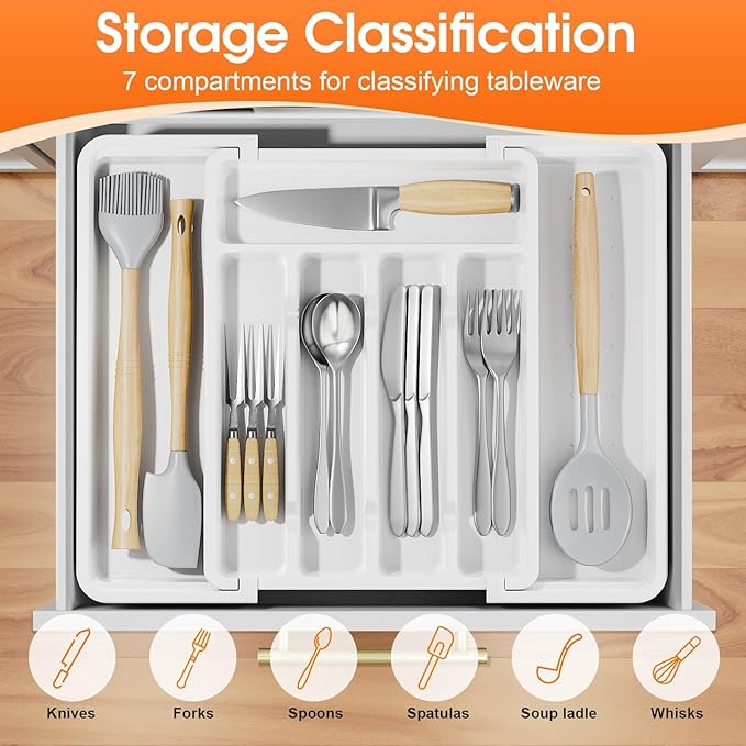SpaceHacks Silverware Organizer，Adjustable & Expandable Utensil Drawer Organizer, BPA Free Utensil Holder, Cutlery Tray for Forks, Spoons, Knives in Kitchen, Medium, White