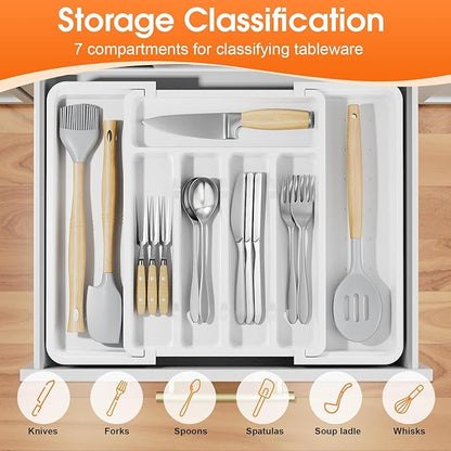 SpaceHacks Silverware Organizer，Adjustable & Expandable Utensil Drawer Organizer, BPA Free Utensil Holder, Cutlery Tray for Forks, Spoons, Knives in Kitchen, Medium, White