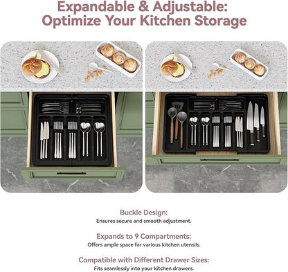ABHENG Silverware Organizer, Expandable and Adjustable Kitchen Utensil Drawer Organizer, Plastic Cutlery Holder with Multiple Compartments, Cutlery Holder,for Spoons Forks Knives, Black, UAFD011B