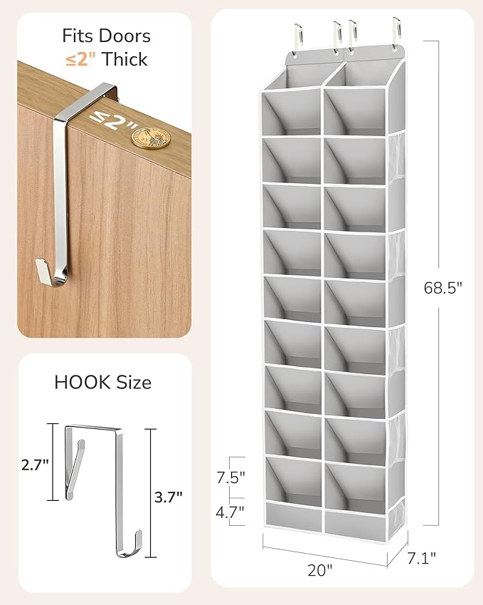 ULG Over The Door Shoe Organizer for Closet Fit 24-32 Pairs with Large Deep Pockets, Narrow Shoe Rack for Door Hanging Boots Storage, Black