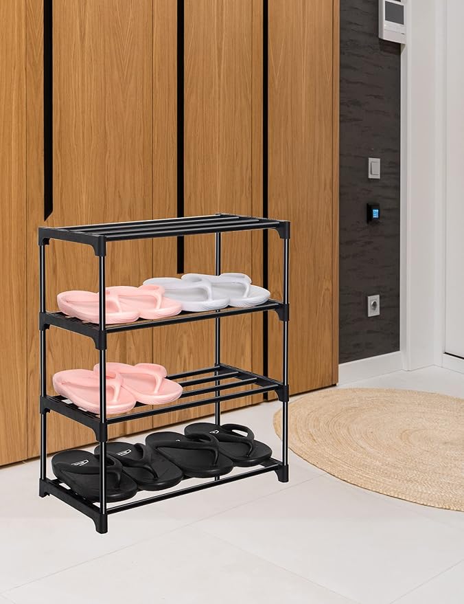 LNYZQUS Upgrade 4-Tier Small Shoe Rack, Metal Stackable Kids Shoe Shelf Storage Shoe Stand Organizer for Closet Entryway Hallway,Zapateras Organizer for Shoes(Black)