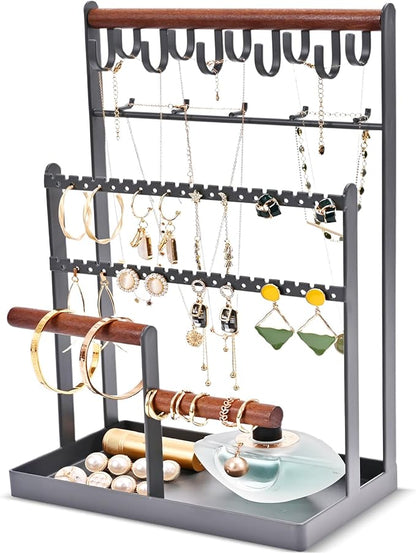 Lolalet Jewelry Holder Organizer Jewelry Stand, 6 Tier Jewelry Rack Necklace Holder Organizer with 15 Hooks and Bottom Tray, Jewelry Tower Display Storage Tree for Bracelets Earrings Rings -Grey