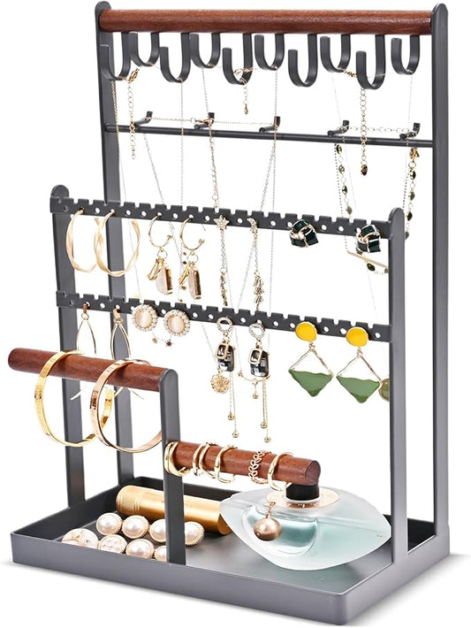Lolalet Jewelry Holder Organizer Jewelry Stand, 6 Tier Jewelry Rack Necklace Holder Organizer with 15 Hooks and Bottom Tray, Jewelry Tower Display Storage Tree for Bracelets Earrings Rings -Grey