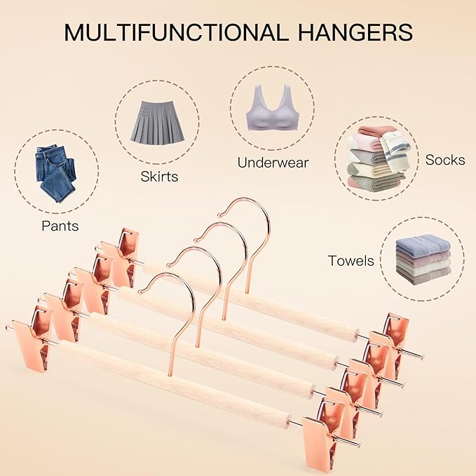 Wooden Pants Hangers with Clips 24 Pack, Heavy Duty Adjustable Clip Non Slip Skirt Hanger for Jeans, Trousers, Short, Clothes, Space Saving Closet Organizer (Rose Gold, 24 Pack)