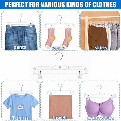 Amber Home 24 Pack Clear Plastic Pants Hangers, Skirt Hangers with 2 Adjustable Clips for Jeans, Slacks & Shorts, Crystal Clear Clothes Hangers with 360° Swivel Hook