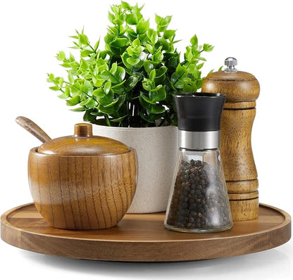 10” Acacia Wood Lazy Susan Turntable Organizer for Cabinet - Round Wooden Lazy Susan Organization and Storage for Pantry Table Kitchen Countertop Cupboard Coffee Bar Farmhouse Decor