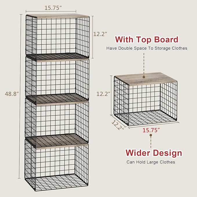4PCS Wider Closet Organizers and Storage, Stackable Closet Shelf Organizer Storage Bins with Wood Top for Sweaters Jeans, Clothes Organizer Shelves for Wardrobe System Rack, Space-Saving,Sturdy Metal