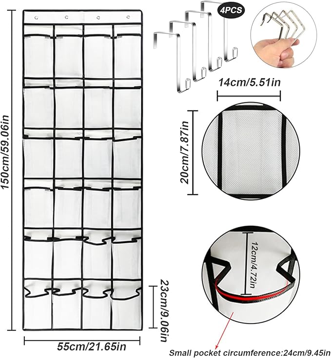 Over the Door Shoe Organizer, 24 Pocket Breathable Mesh Hanging Shoe Organizer, Up to 40 Pounds Non Slip Holder, Sturdy over the Door Storage Fits for Size 13 Shoes 59x21