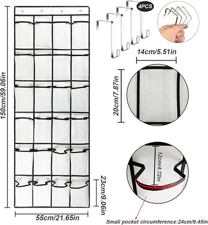 Over the Door Shoe Organizer, 24 Pocket Breathable Mesh Hanging Shoe Organizer, Up to 40 Pounds Non Slip Holder, Sturdy over the Door Storage Fits for Size 13 Shoes 59x21