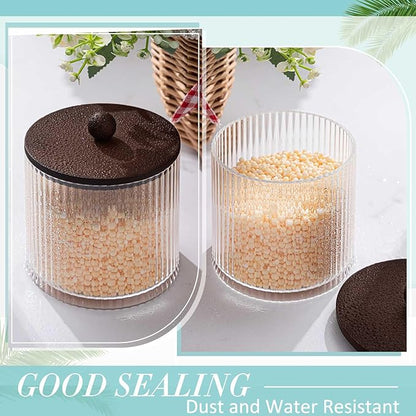 Yaomiao 6 Pcs Ribbed Bathroom Canisters Apothecary Jars with Brown Bamboo Lids and Label Stickers, 18 oz Plastic Canister with Fluted Design for Cotton Ball, Swab, Floss Picks House Storage