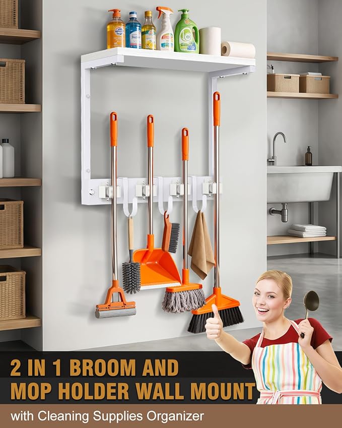 Supforce Small Broom Holder Wall Mount with Cleaning Supplies Organizer, White
