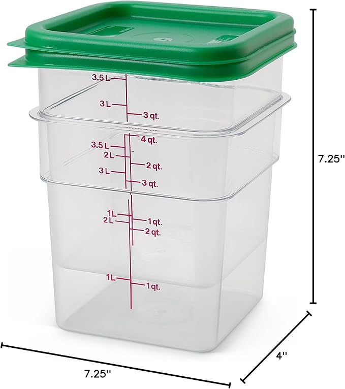 Cambro Food Storage Container with Lid (2 Pack) - Classic Series Square with Green Lid - 4 QT (Quart) - Commercial Grade for Food Prep (Clear)