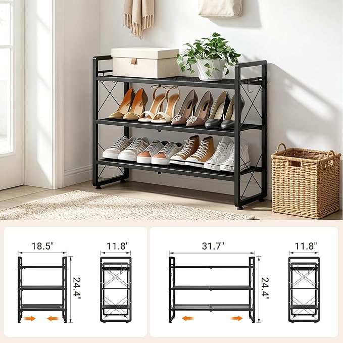 ELYKEN Shoe Rack, 3-Tier Expandable Shoe Organizer for Entryway, Metal Black Shoe Shelf with 4 Hooks, Ajustable Shoe Stand Holder for Closet, Garage, Door Entrance