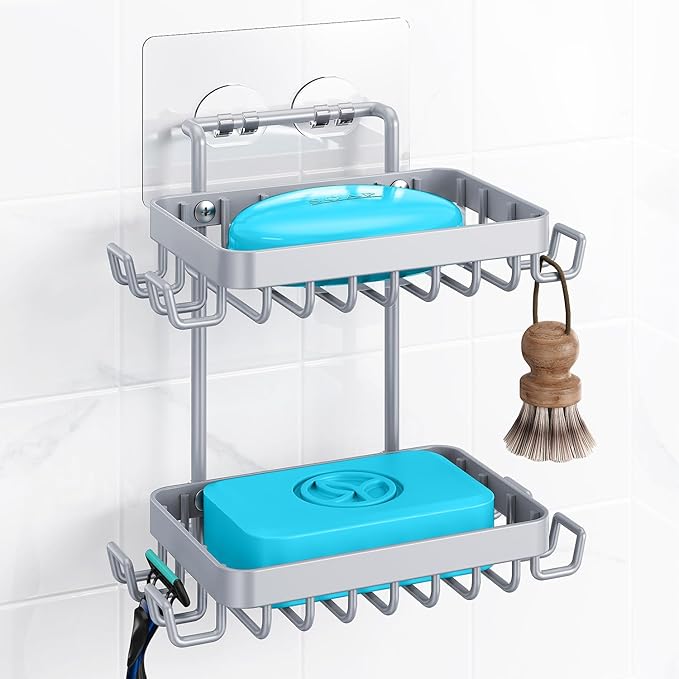Nieifi Adhesive 2 Tier Bar Soap Holder, Stainless Steel for Shower Wall, Soap Dish for Bathroom, Gray