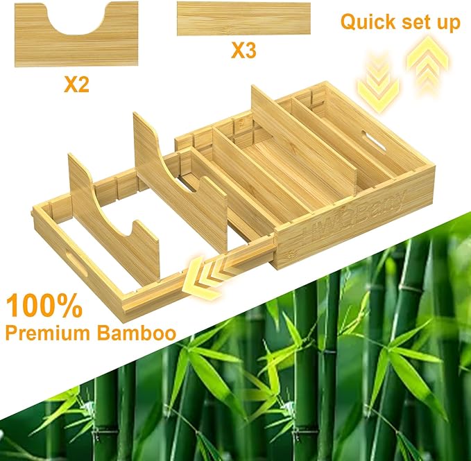 Pots and Pans Organizer, Bamboo Expandable Cutting Board Organizers, Adjustable Pot Lids Organizer for Cabinet with 5 Adjustable Dividers for Pots, Pans, Baking Sheets, Cutting Boards, Nature