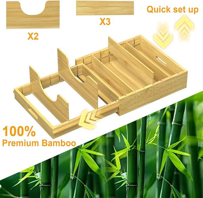 Pots and Pans Organizer, Bamboo Expandable Cutting Board Organizers, Adjustable Pot Lids Organizer for Cabinet with 5 Adjustable Dividers for Pots, Pans, Baking Sheets, Cutting Boards, Nature