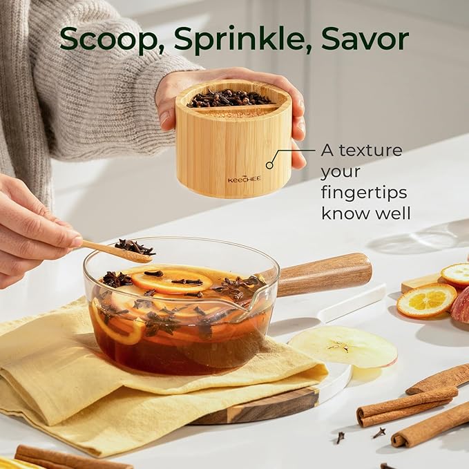 keechee Bamboo Salt Cellar with Acacia Lid & Spoon, 7oz Capacity with Built-In Spoon Slot & Labels, Two-Tone Countertop Seasoning Container (Dual Compartment (Divided) - 1 Pack)
