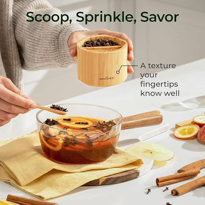 keechee Bamboo Salt Cellar with Acacia Lid & Spoon, 7oz Capacity with Built-In Spoon Slot & Labels, Two-Tone Countertop Seasoning Container (Dual Compartment (Divided) - 1 Pack)