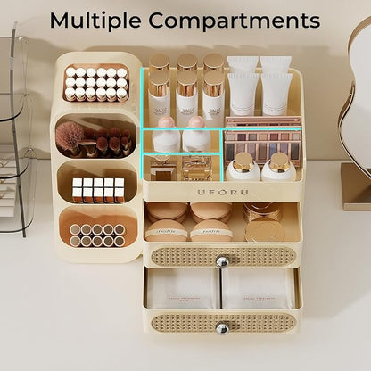 Makeup Organizer for Vanity with Brush Holder, Large Capacity Bathroom Countertop Skincare Organizer with 2 Drawers, Cosmetic Display Case for Perfumes, Eyeshadow Palettes, Nail Polishes